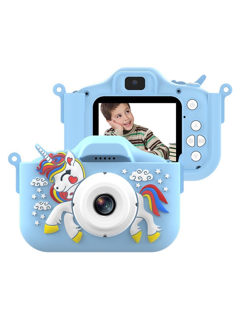 Children's Camera Toy, HD 1080p Shockproof Children Video Camera, Anti-fall Portable Camera Toy, Multiple Functions Digital Camera For Girls Boys,(Blue-Unicorn-HD Dual Lens (No Memory Card))