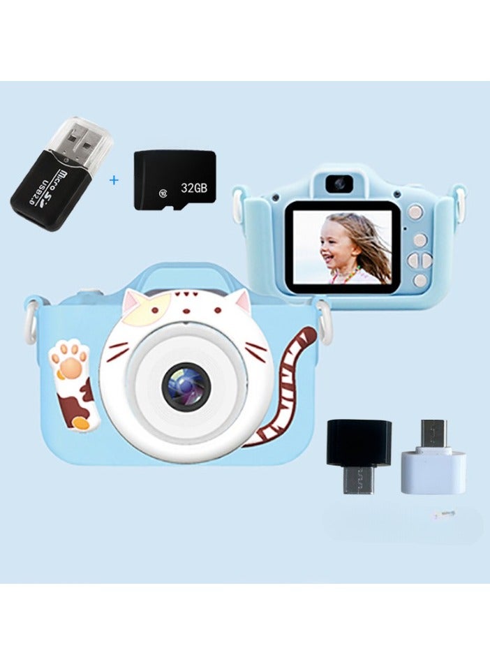 Children's Camera Toy, 1080p Shockproof Children Video Camera, Anti-fall Portable Camera Toy, Multiple Functions Digital Camera,(Fat Cat Set Blue Dual Lens + 32G Capacity Card + Card Reader)