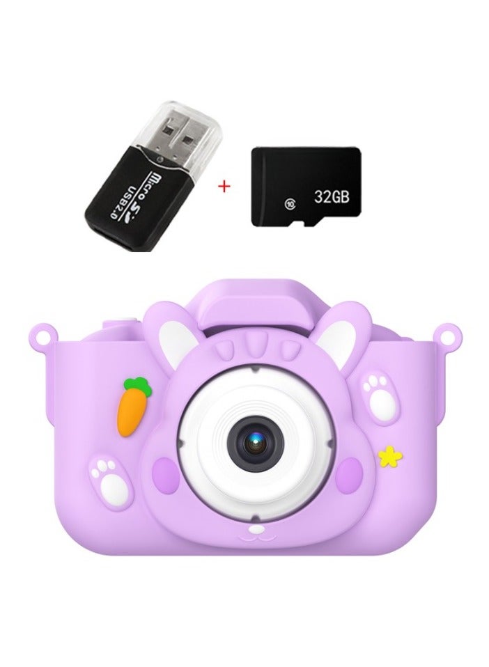 Children's Camera Toy, 1080p Shockproof Children Video Camera, Anti-fall Portable Camera Toy, Multiple Functions Digital Camera,(Dudutu purple Dual Lens + 32G Capacity Card + Card Reader)