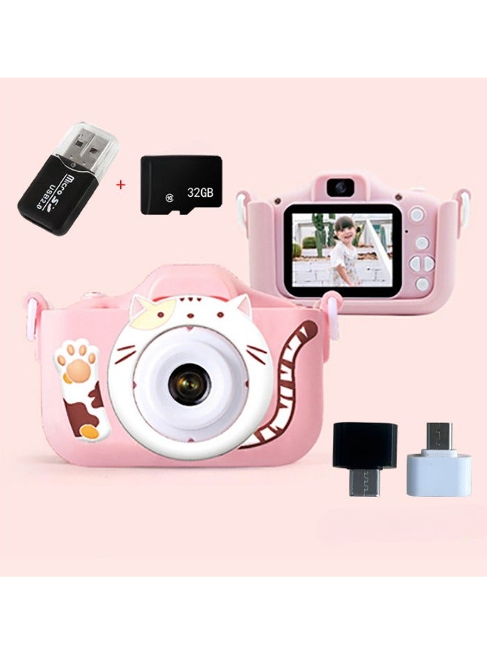Children's Camera Toy, 1080p Shockproof Children Video Camera, Anti-fall Portable Camera Toy, Multiple Functions Digital Camera,(Fat Cat Set Pink Dual Lens + 32G Capacity Card + Card Reader)