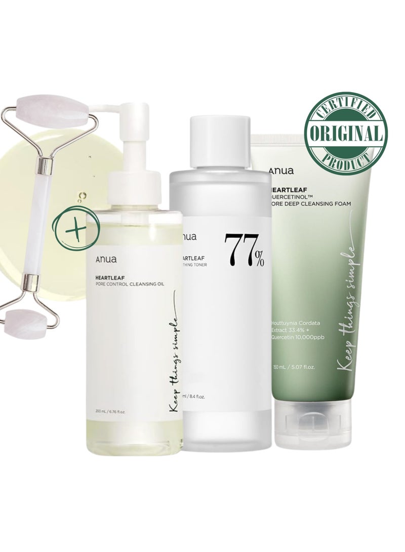 Set - ( Pore Control Cleansing Oil -  Deep Cleansing Foam - 77% Soothing Toner I pH 5.5 & Massage Roller ) Korean Facial Cleansers - Trouble Care - Calming Skin - Refreshing - Hydrating 600ml