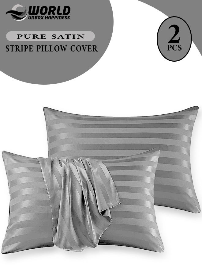 Set of 2 Grey Satin Stripe Pillow Covers Featuring 300 Thread Count, 1cm Satin Stripe, Envelope Closure, Cool, Breathable & Premium Quality