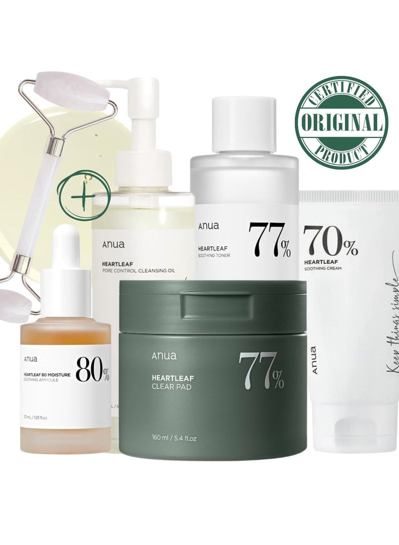 Pack  ( Pore Control Cleansing Oil - Niacinamide Serum - 77% Soothing Toner I pH 5.5 - 70% Heartleaf Soothing Cream -  77% Clear 70 Pads - & Massage Roller )  - Korean Facial Skin Trouble Care 740ml