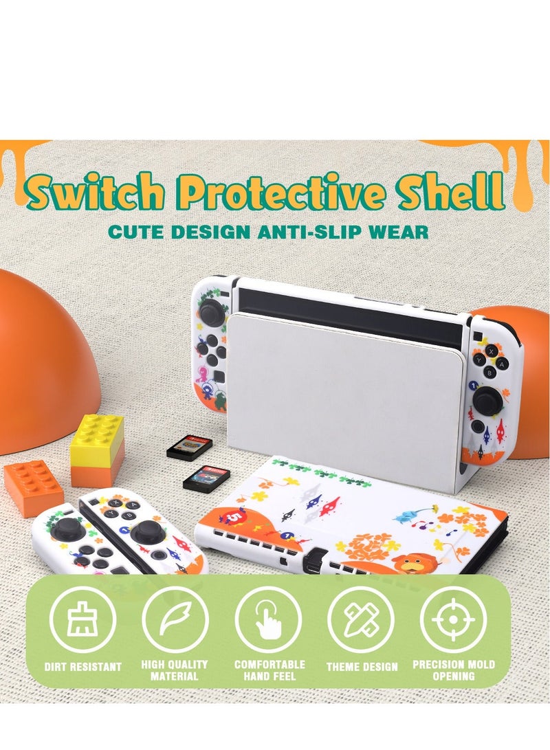 Switch Carrying Case Set Cute Switch Case Bundle for Pikmin Fans with Switch OLED Protective Cover Screen Protector Playstand and Thumb Caps Storage Bag Compatible with Switch OLED and Accessories