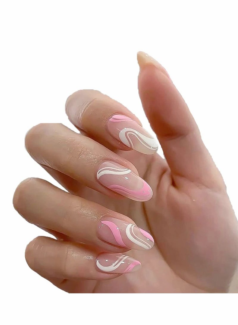 Acrylic Nails, Fake Nails Medium Length Press on White Pink Abstract Cute Coffin False with Glue, Stick Art Manicure Decoration, Glossy Nude 24Pcs