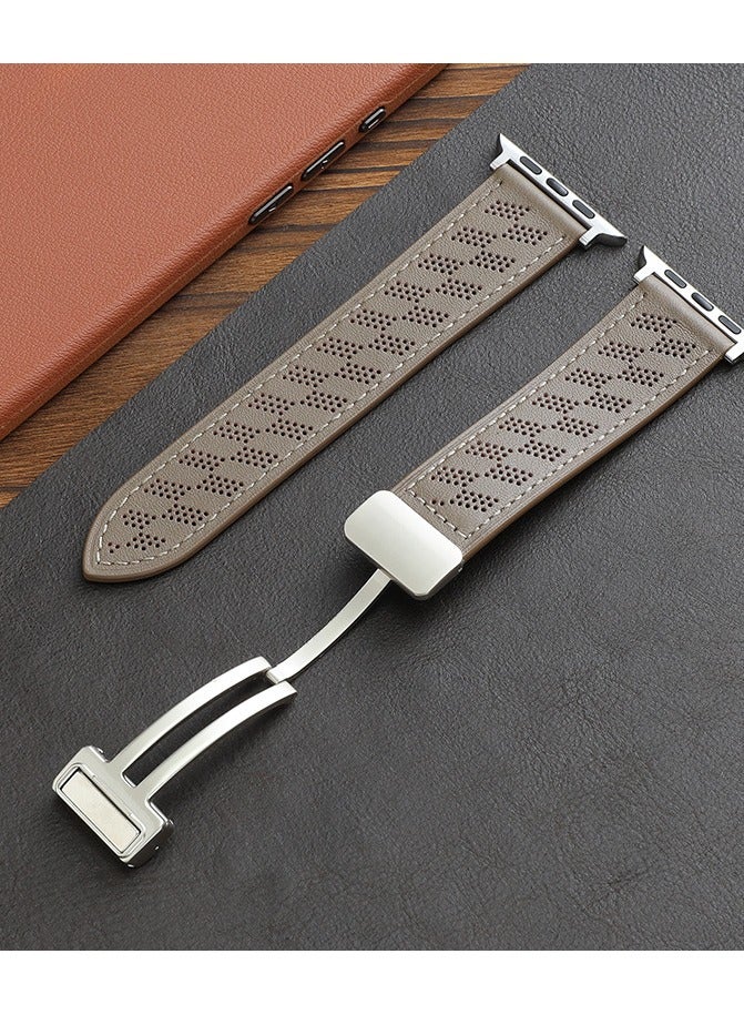 Genuine Leather Folding Buckle Strap for Apple iwatch Breathable Strap 42/44/45/49MM