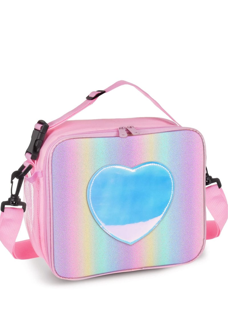 Children Lunch Box Rainbow Laser Tote Leakproof Insulated Lunch Bag Reusable Insulated Bento Bag Picnic Ice Bag Girls Simple Shoulder Bag for School and Outdoor Backpack (Pink)