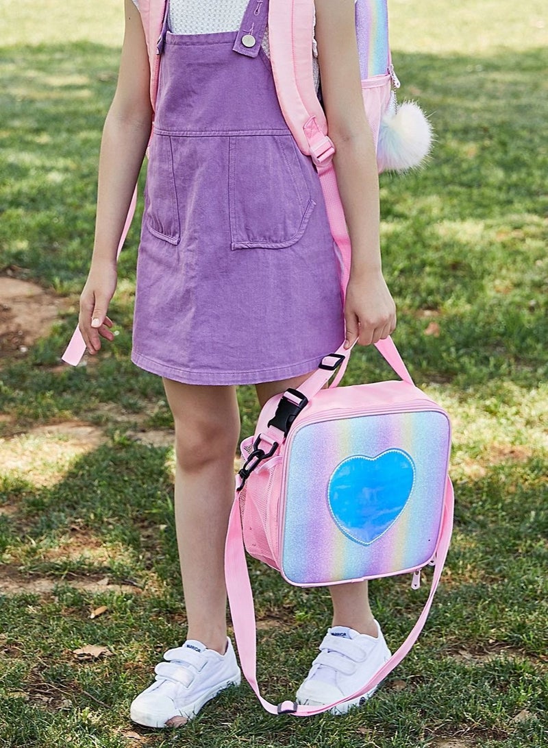 Children Lunch Box Rainbow Laser Tote Leakproof Insulated Lunch Bag Reusable Insulated Bento Bag Picnic Ice Bag Girls Simple Shoulder Bag for School and Outdoor Backpack (Pink)