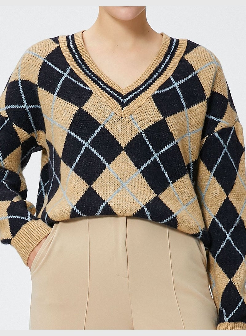 Oversized Jacquard V Neck Sweater