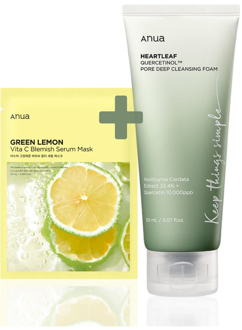 Skincare Refresh Pack - Quercetinol Pore Deep Cleansing Foam 150ml & Green Lemon Vita-C Blemish Serum Mask 25ml | Deep Pore Cleansing, Brightening, and Blemish Control 175ml