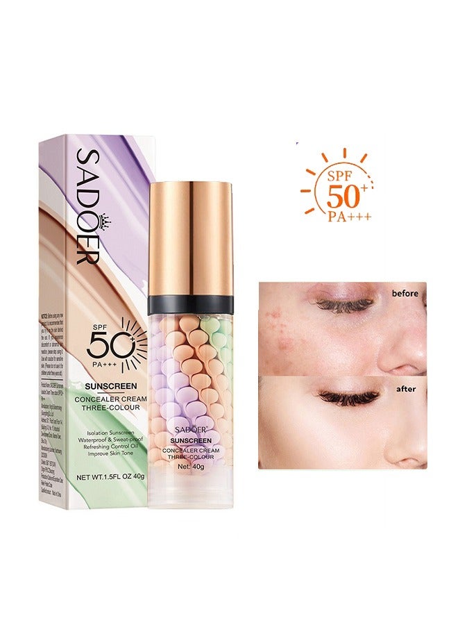 Three Colour Concealer Cream Sunscreen- Invisible Pore, SPF 50 PA+++ Contour Isolation Cream,Makeup Primer for Mature Skin, , Color Corrector, Cover Acne Marks, Oil Control Moisturizing 40g