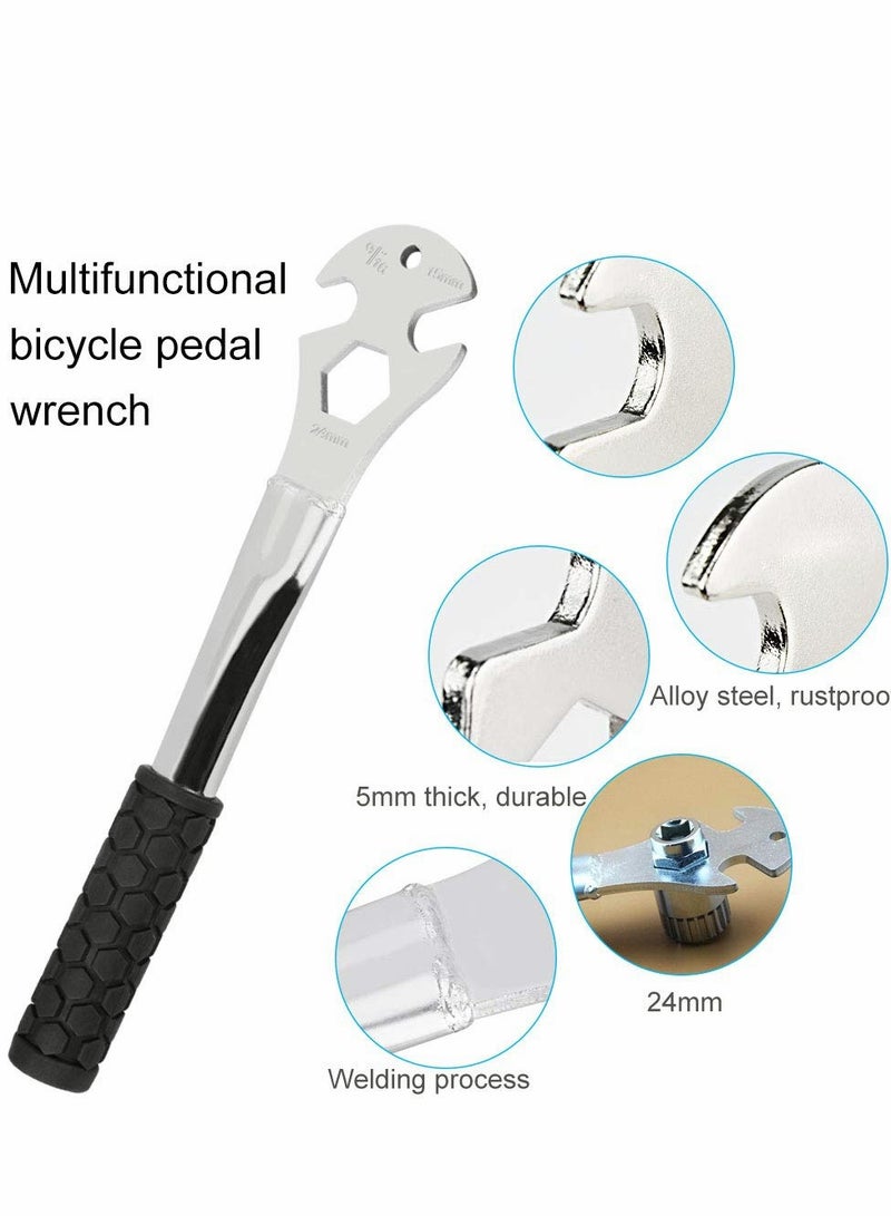 Pedal Spanner Bike Pedal Wrench Three-in-one Function Bicycle Pedal Spanner 24mm Front and Rear Axle Spanner Pedal Install Spanner Repair Tool with Anti-Skidding Long Handle (Silver)