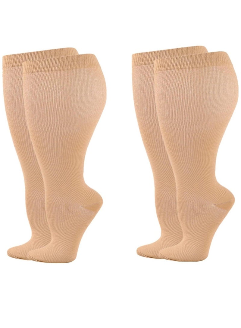 Wide Calf Compression Socks for Women Men, 2 Pairs Plus Size Extra Large Size Support Socks Stockings Reduces Swelling & Pain for Nurses Running Pregnant Travel Flight 20-25 mmHg（L  Flesh color）
