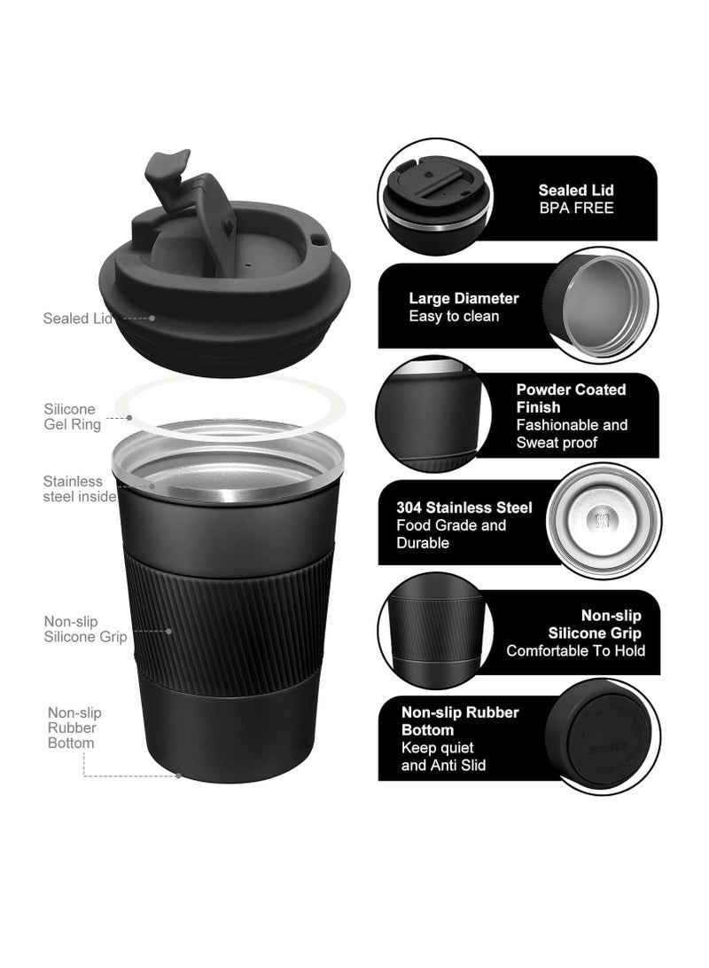 Insulated Coffee Travel Mug 380ml, Stainless Steel Vacuum Cup, Leakproof Lid Double Wall Tumbler, Reusable Hot/Iced Beverage Thermal Coffee Cup for Car/Outdoor/Picnic/Office/School (Black)
