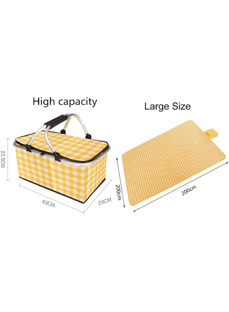Picnic Mat and Basket Beach and Desert Mat Foldable Cooler Bag and Picnic Blanket 145CM*200CM Large Size Waterproof and Sandproof Camping Mat (Mat and Basket)