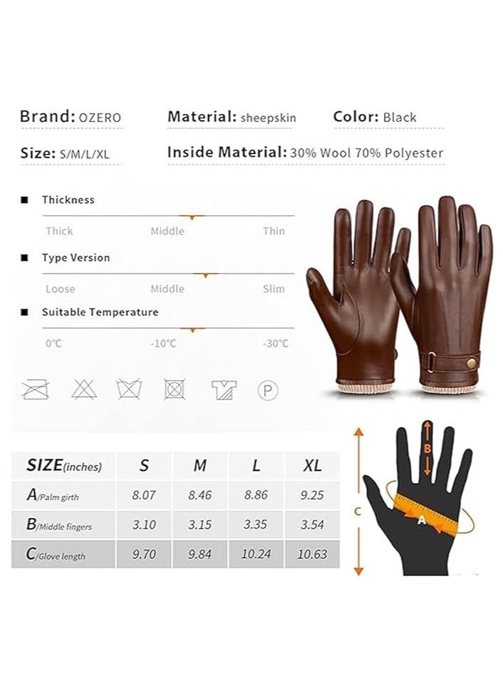 Men's Winter Warm Touchscreen Leather Gloves Adjustable Thermal Driving PU Leather Gloves (L)