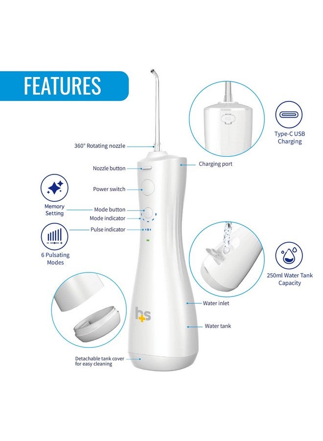 Compact Cordless Water Flosser Rechargeable Typec Usb Removes Food Particles 4 Cleaning Nozzles 6 Pulsating Modes 250Ml Water Tank Fsa & Hsa Eligible Promotes Healthy Gums