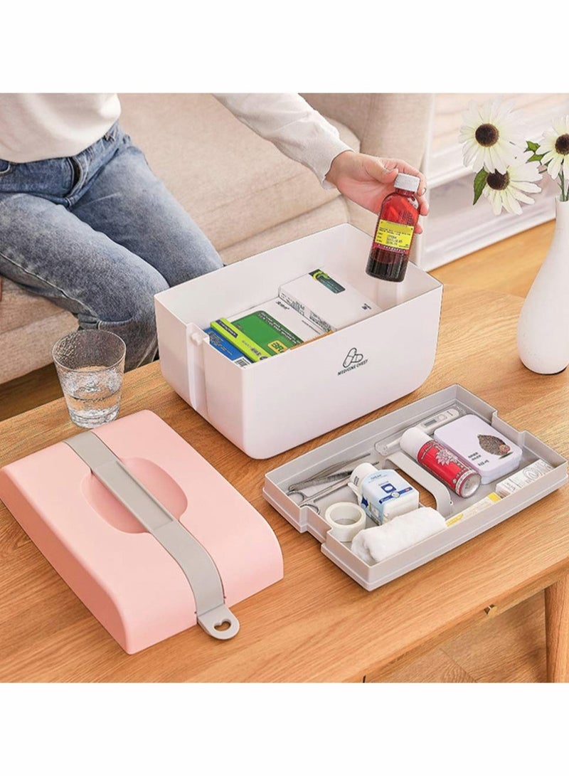 Medicine Storage Box, Cute Large-capacity Family Medicine Box Container with Buckle Lock Portable Medication Storage Organizer Double layer Plastic Cabinet Empty Home First Aid Box