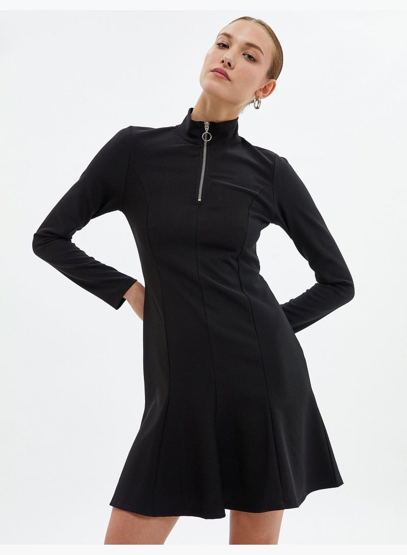 Long Sleeve Half Zipper Detail High Neck Knitted Mini Dress