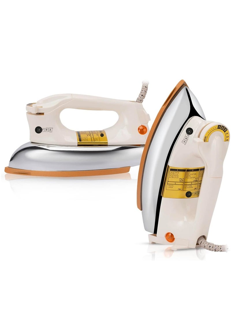 AFRA Automatic Dry Iron, 2kg, Non-Stick Soleplate, Gold Teflon Coating, Heat Distribution, Ergonomic Handle, Thermal Control, 6 Settings, Auto Cut-Off, AF-2000DIWH, 2-year warranty 1000 W AF-2000DIWH White & Gold