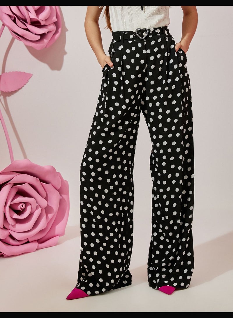 High Rise Wide Leg Polka Dot Trousers