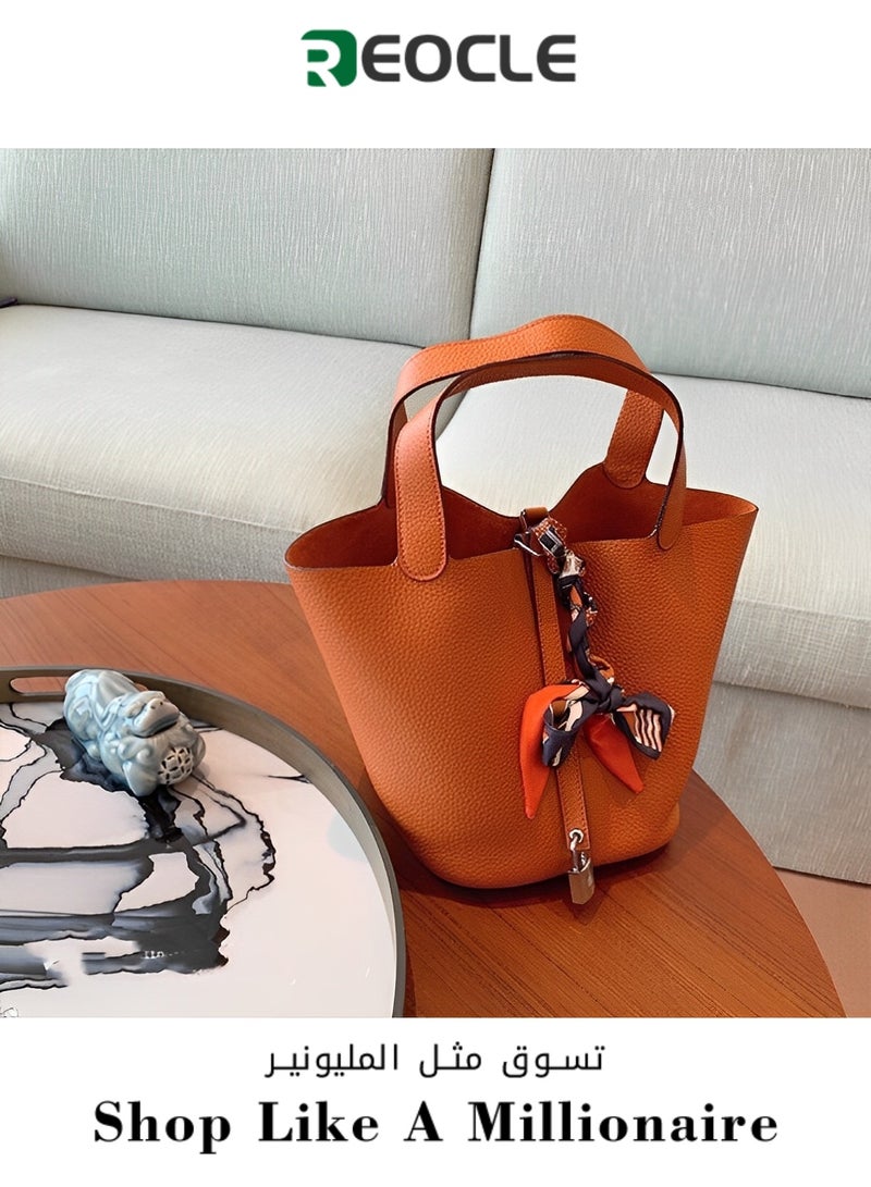 Women's Leather Bucket Bag Stylish Lock Design Small Satchel Purses Handbags Daily Casual Soft Shoulder Bags for Women