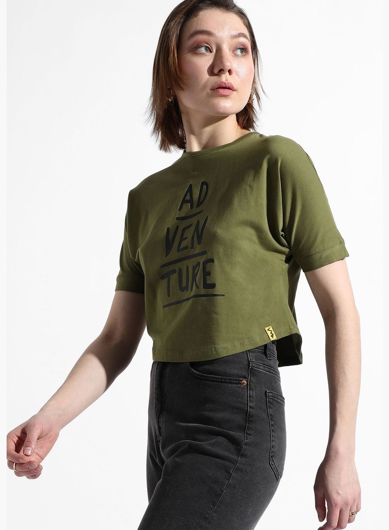 Women's Olive Green Printed Regular Fit Top