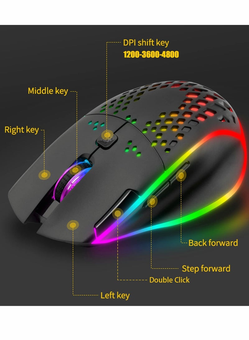 Wireless Gaming Mouse, Wireless Mouse Rechargeable Honeycomb Wireless Gaming Mouse with RGB Light USB Receiver USB Cable Adjustable DPI, Black