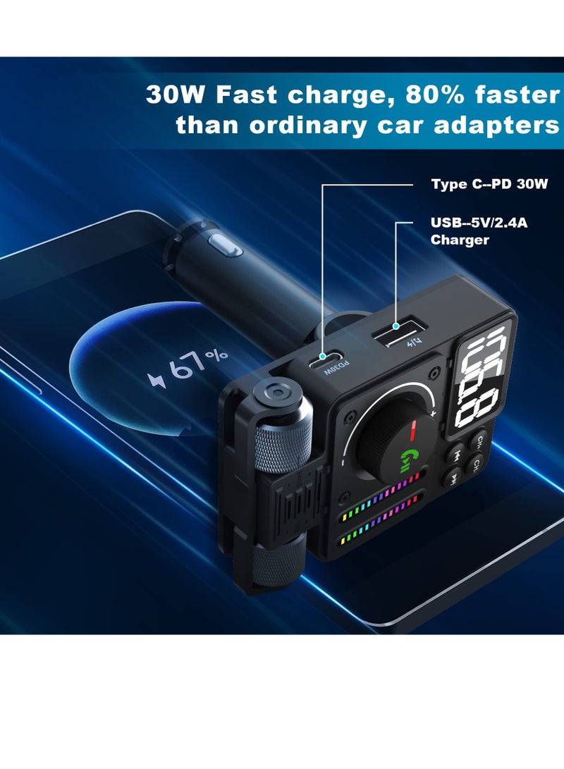 Bluetooth 5.3 FM Transmitter for Car, Bluetooth Car Adapter, PD 30W Type C Fast Charge and USB Port, HiFi Treble & Bass Player, Color Screen,  Music Light Bar, Support Hands-Free Calling
