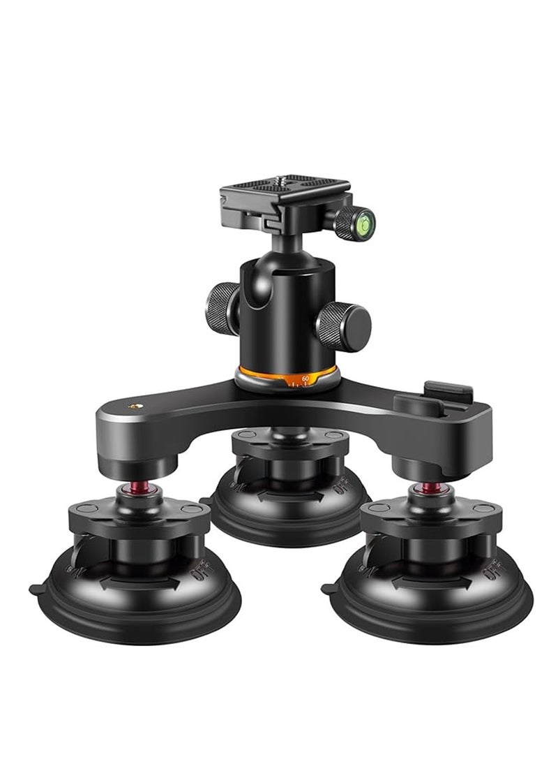 Triple Suction Cup, Car Mount Heavy Duty Tripod with 360 Ball Head for GoPro 12/11/10/9 Insta360 X3 GO3 DJI Action 4/3 DSLR Mirrorless Camera, Windshield Window Holder Attach Accessories