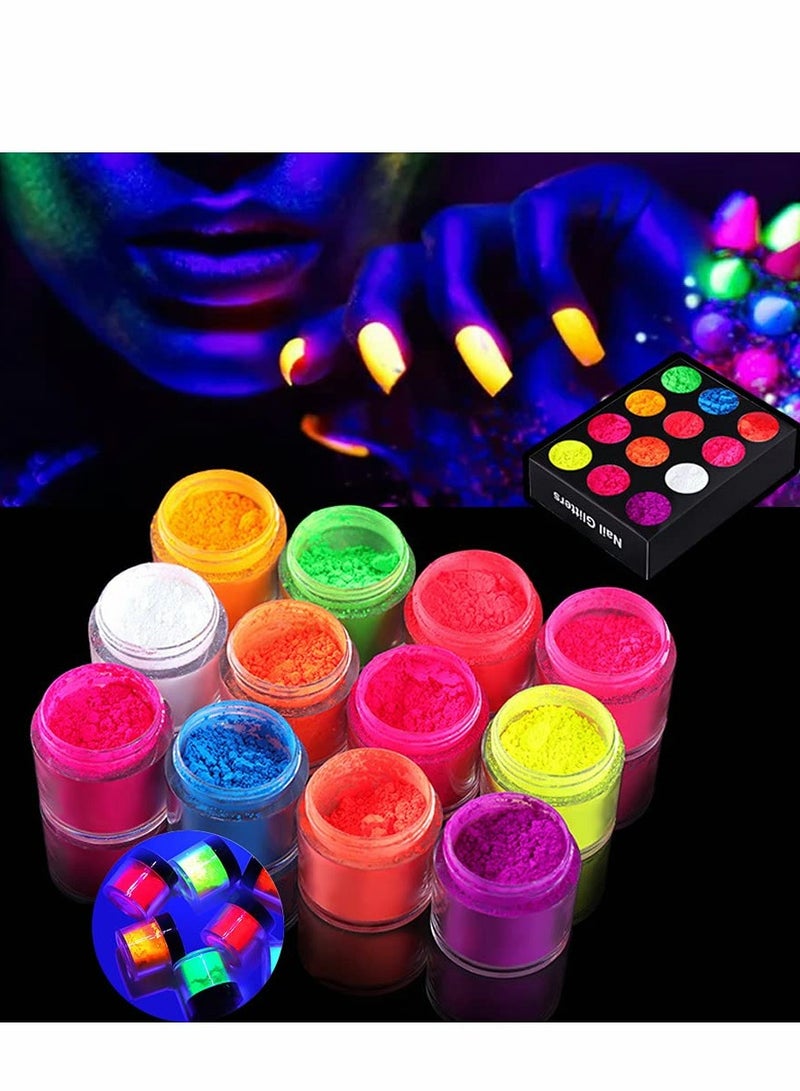 12 Color Pigment Nail Powder,Colorful Fluorescent Nail Pigments Dust Ultrafine Luminous Powder Nail Iridescent Glitter 3D DIY Nail Art Decoration