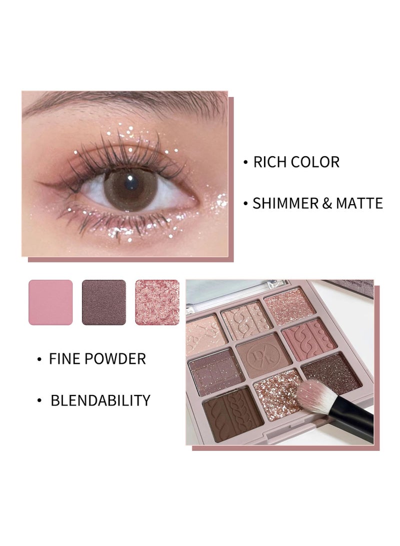 9 Colors Eyeshadow Palette, Matte Shimmer Glitter Eye Shadow Makeup Palette, Highly Pigmented Long Lasting Waterproof, Natural Neutral Nude Eyeshadow Makeup Pallet, Pink Purple Rose