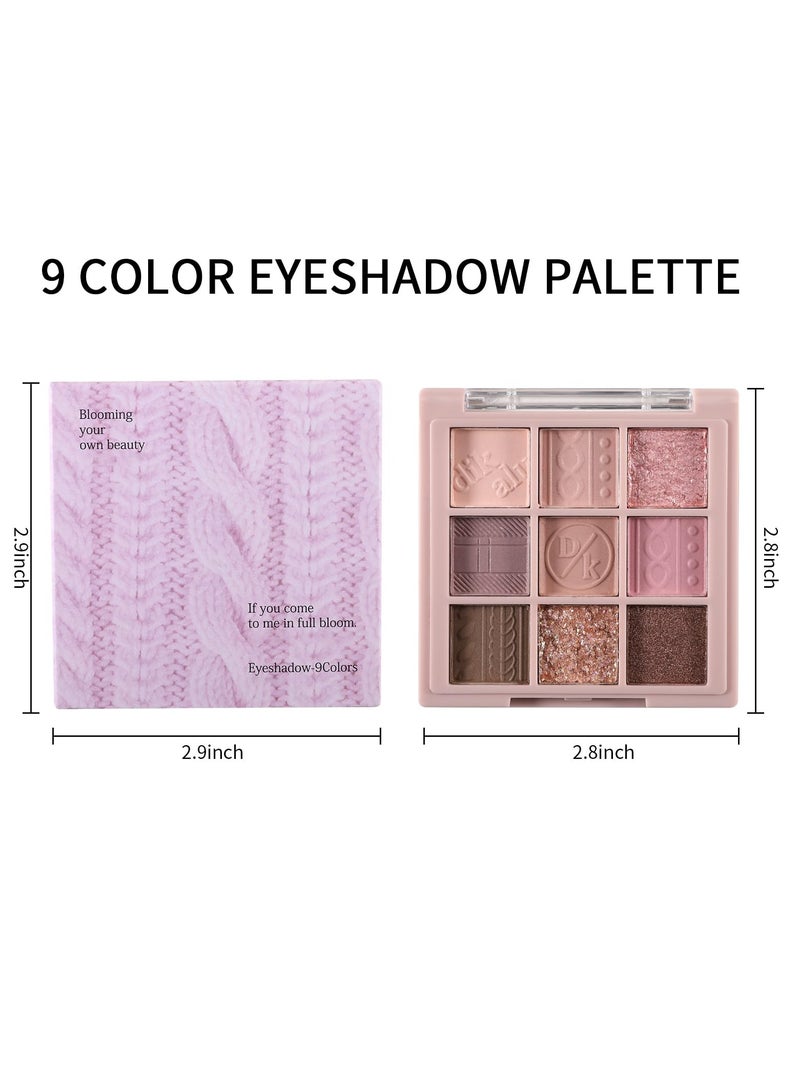 9 Colors Eyeshadow Palette, Matte Shimmer Glitter Eye Shadow Makeup Palette, Highly Pigmented Long Lasting Waterproof, Natural Neutral Nude Eyeshadow Makeup Pallet, Pink Purple Rose