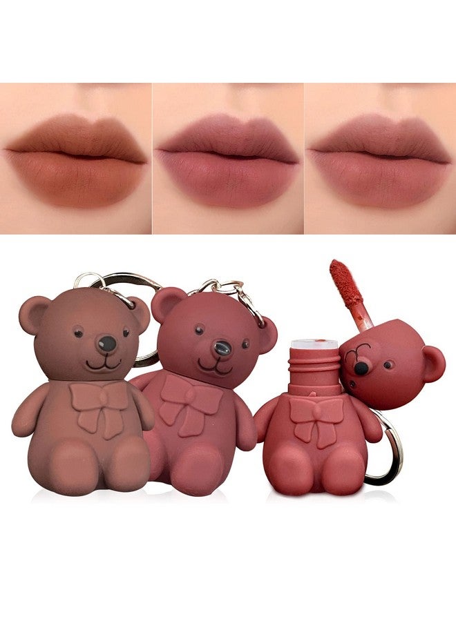 3Pcs Keychain Cute Bear Lipsticks Set Mist Matte Velvet With Moisturizing Lip Stain Waterproof And Long Lasting Bear Lipgloss Beauty Makeup (Set B)