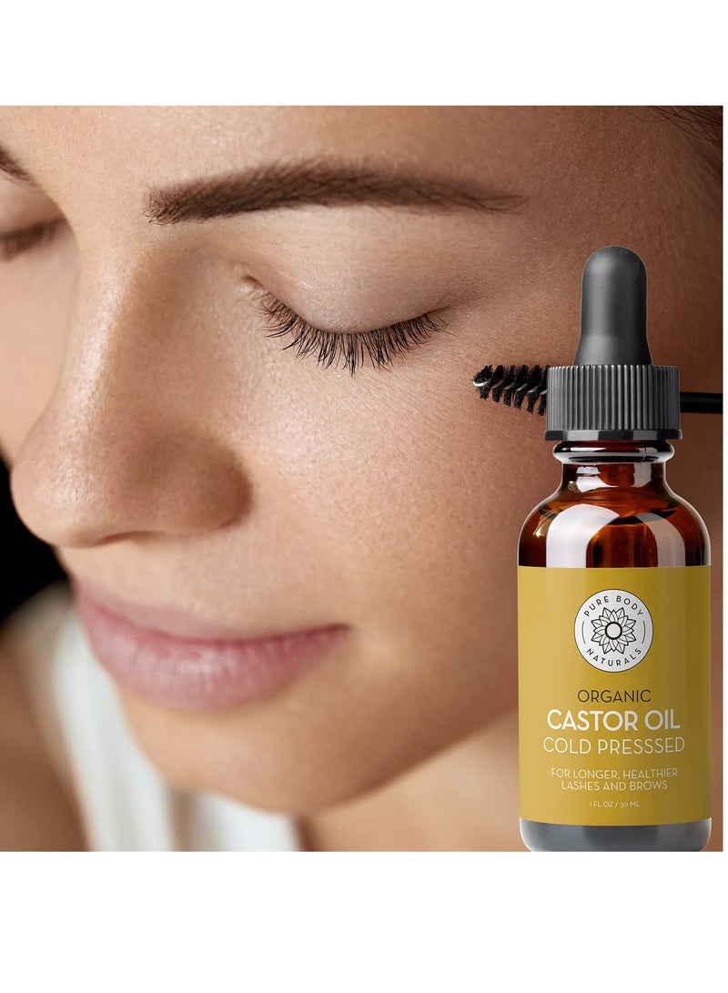 Pure Body Naturals Castor Oil for Eyelashes and Eyebrows - Brow and Lash Growth Serum - Organic Hexane Free Cold Pressed Unrefined - 1 fl oz