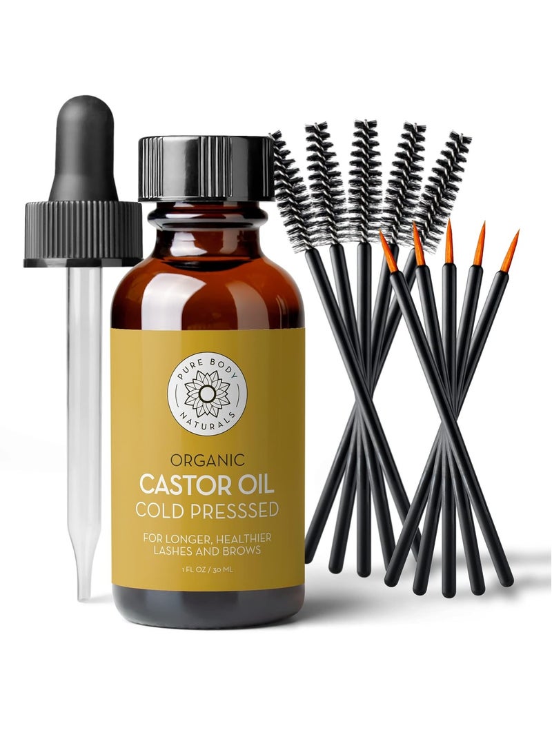 Pure Body Naturals Castor Oil for Eyelashes and Eyebrows - Brow and Lash Growth Serum - Organic Hexane Free Cold Pressed Unrefined - 1 fl oz
