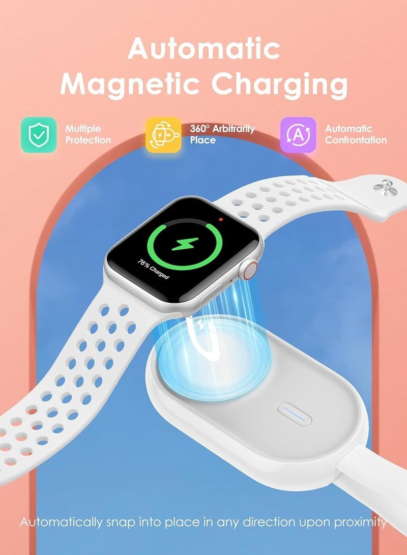 Portable Charger Compatible with Apple Watch Series 9/8/SE/UItra/7/6/5/4/3/2/1, 1200mAh Wireless iWatch Charger Power Bank Built in input Cable Keychain Travel Accessories (White)
