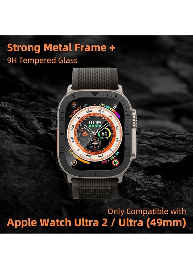 Rugged Metal Case, Compatible with Apple Watch Ultra 49mm Case with Tempered Glass Screen Protector, Bezel Ring Frame Built in Clear Film for iWatch Ultra 49mm, 2 Pack, Black