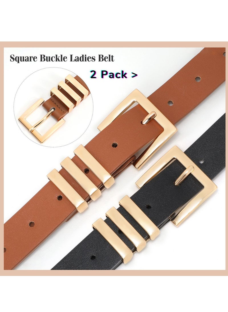2-Pack Fashion Leather Belts for Women with Square Gold Buckle - Versatile and Durable Belts for Jeans, Pants, and Dresses
