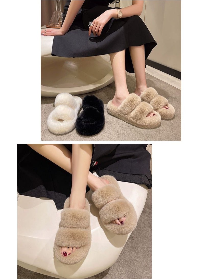 Fluffy Sliders for Women Fur Women Slippers Comfortable Soft Open Toe Flat Fashion Sandals Women's Fur Indoor Fluffy Flip Flops Plush Shoes Autumn and Winter Season(Beach)
