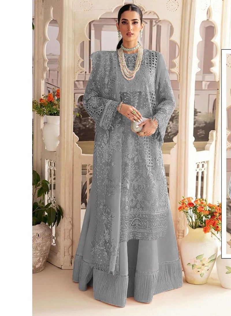 Women's Fancy Party Wear Grey Semi Stitched Pakistani Dress