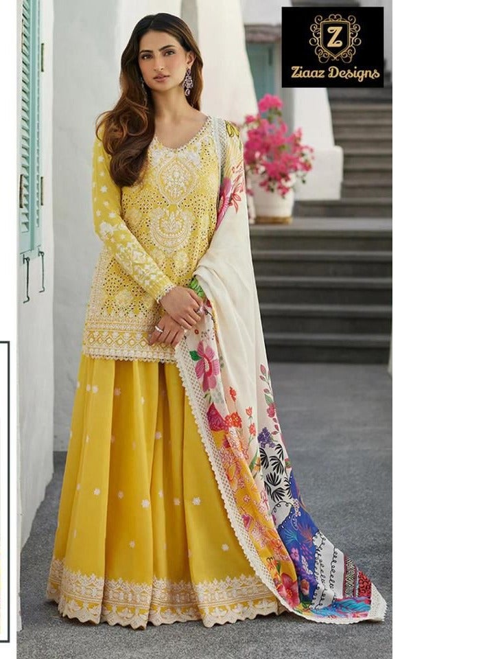 Wedding Function Wear Reyon Yellow Semi Stitched Dress with Printed Duatta