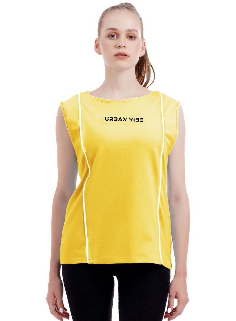 Women's Urban Vibe Printed Workout Tank Top Sleeveless Yellow T-Shirt for Gym, Yoga, and Sports Stretchy Contrast Piping Athletic Top For Ladies