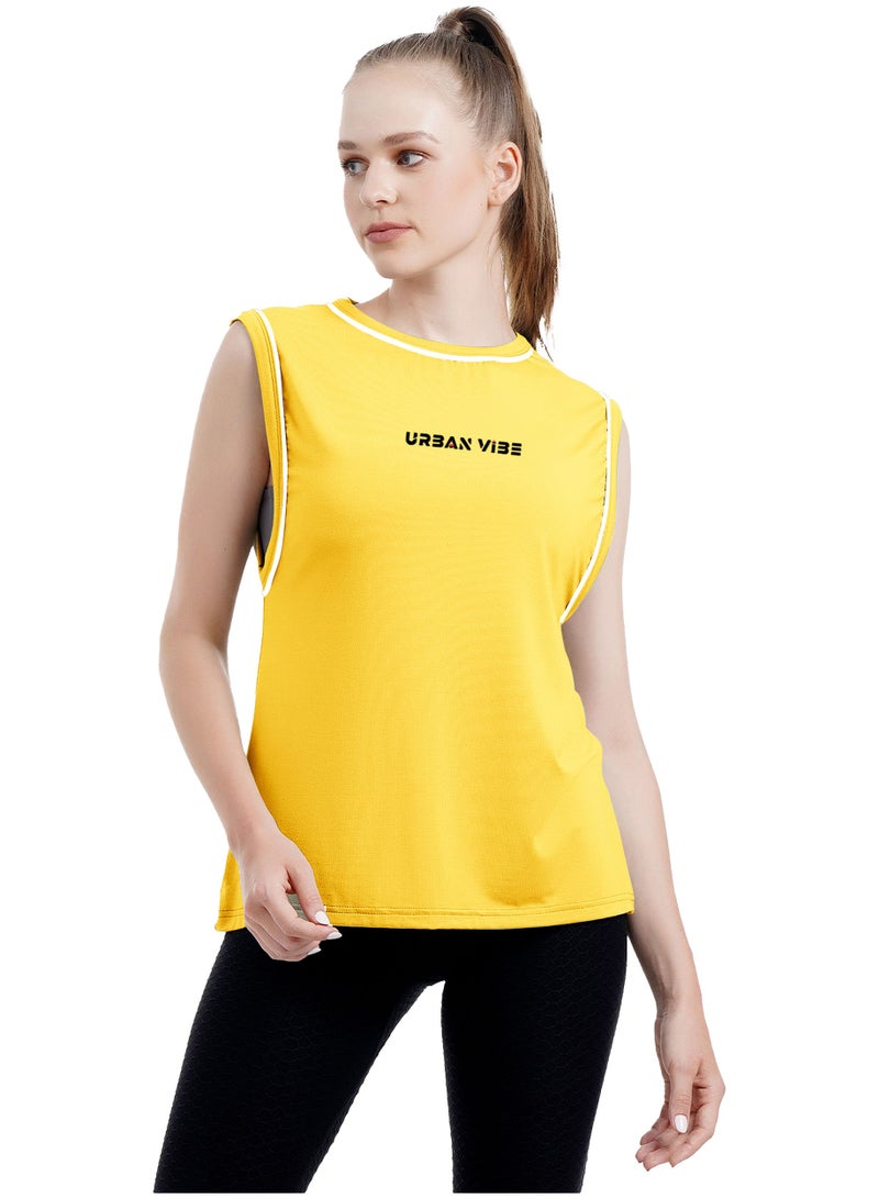 Women's Urban Vibe Printed Workout Tank Top Yellow Sleeveless T-Shirt for Gym, Yoga, and Sports Natural Cotton Contrast Piping Athletic Top For Ladies