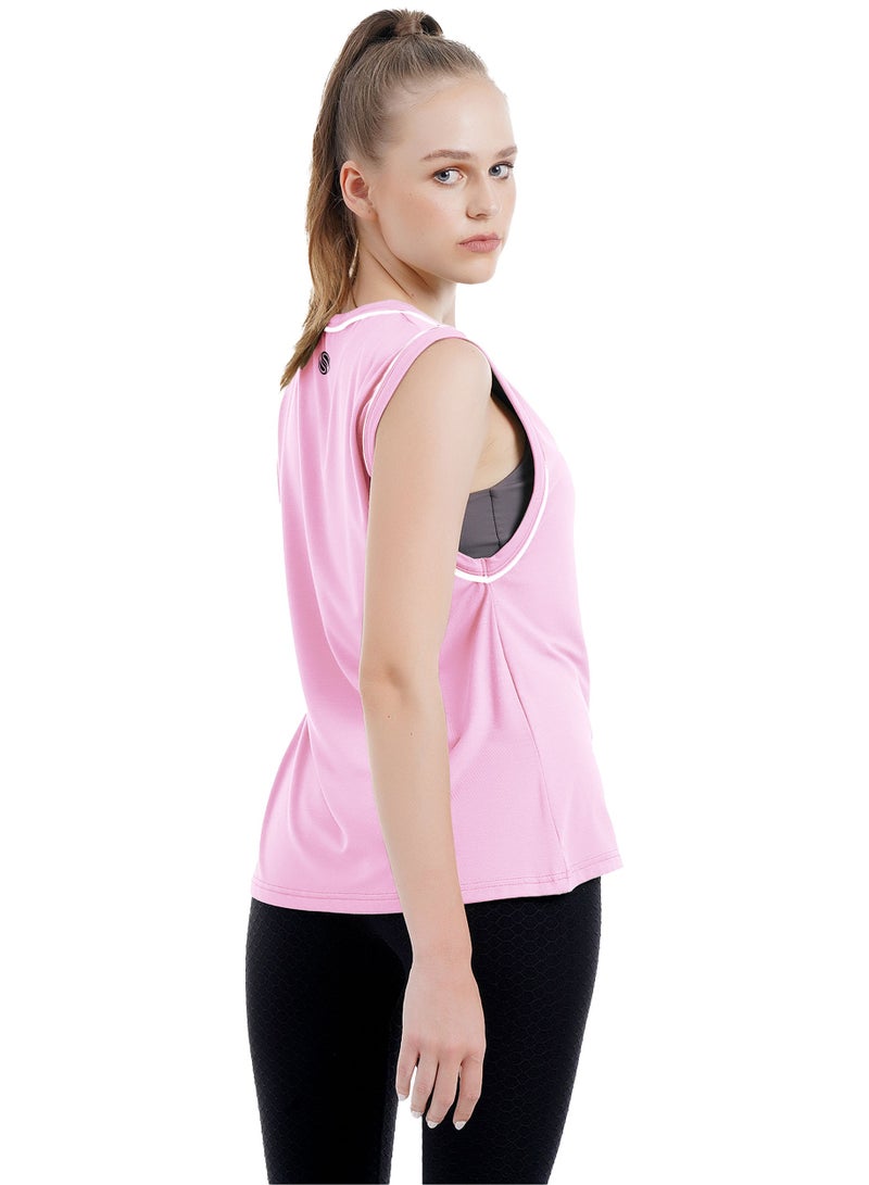 Womens Urban Vibe Printed Workout Tank Top Baby Pink Sleeveless T-Shirt Gym, Yoga, and Sports Natural Cotton Contrast Piping Athletic Top For Ladies