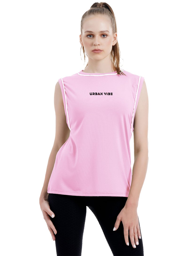Womens Urban Vibe Printed Workout Tank Top Baby Pink Sleeveless T-Shirt Gym, Yoga, and Sports Natural Cotton Contrast Piping Athletic Top For Ladies