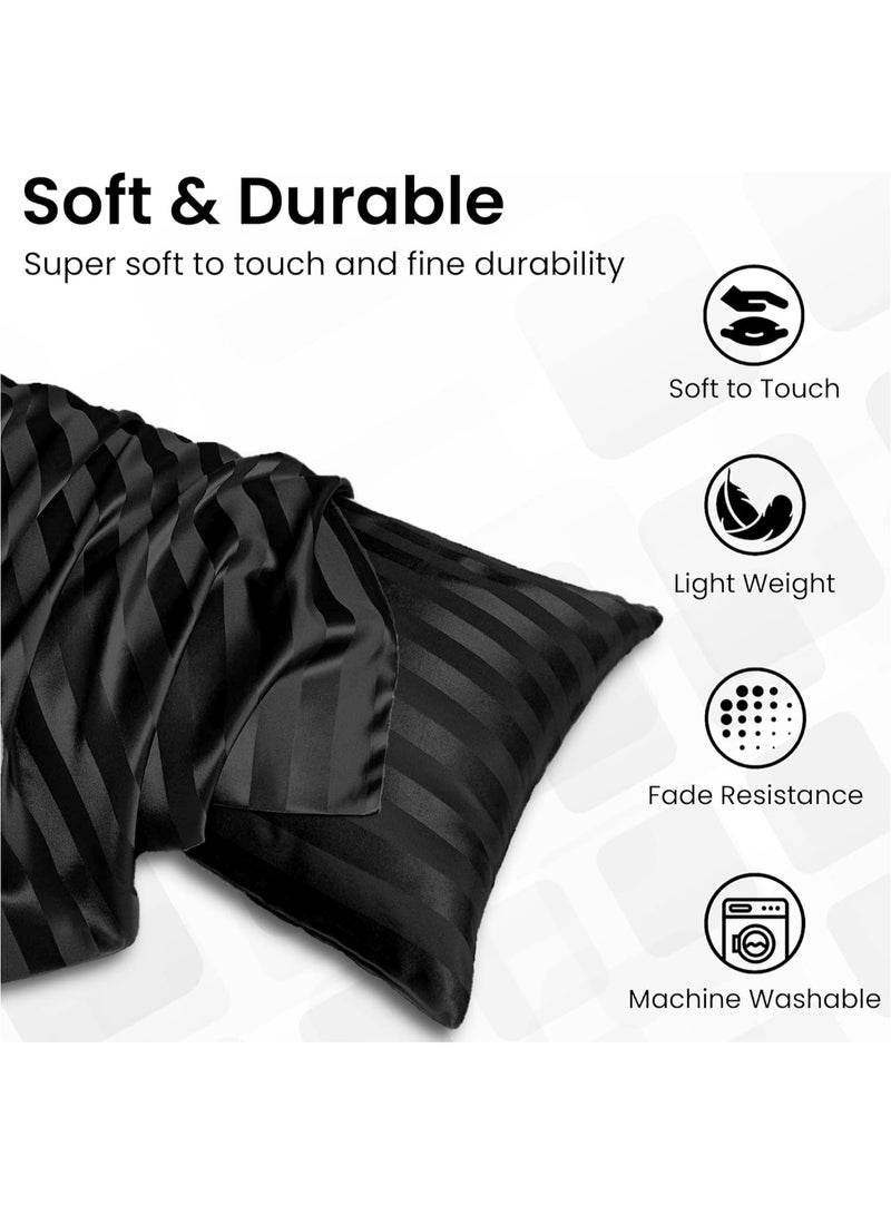 Set of 2 Black Satin Stripe Pillow Covers Featuring 300 Thread Count, 1cm Satin Stripe, Envelope Closure, Cool, Breathable & Premium Quality