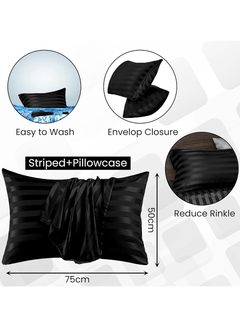 Set of 2 Black Satin Stripe Pillow Covers Featuring 300 Thread Count, 1cm Satin Stripe, Envelope Closure, Cool, Breathable & Premium Quality