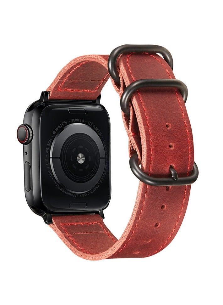 Suitable For Apple Watch Leather Strap Crazy Horse Retro Double Iron Ring Leather Strap Suitable For 42/44/45/49mm Dial