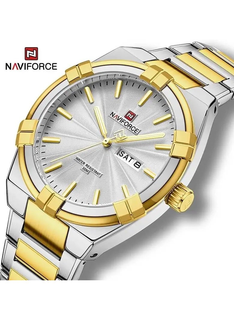 NAVIFORCE 9218 Fashion Business Calendar Waterproof Stainless Steel Wristwatch (Sliver/Gold)